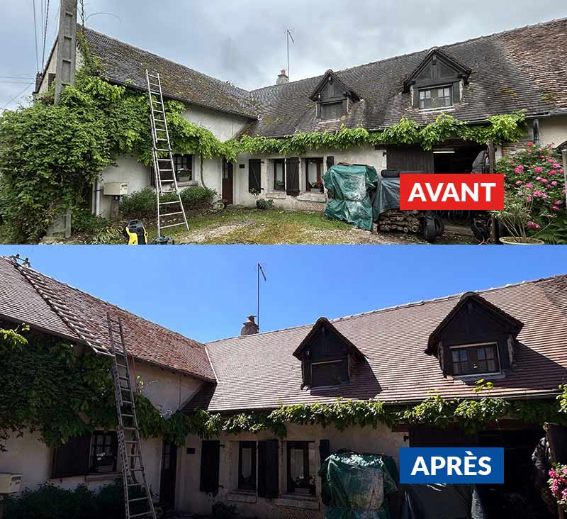 Nettoyage toiture - Patrick toiture 41 : couvreur dans le Loir-et-Cher (41). Démoussage traitement anti mousse et nettoyage basse pression toiture. Application d’un Vernis incolore et d’une peinture hydrofuge toiture colorée : I. Patrick toiture 41 intervient sur BLOIS, LAMOTTE-BEUVRON et dans tout le LOIR-ET-CHER (41)